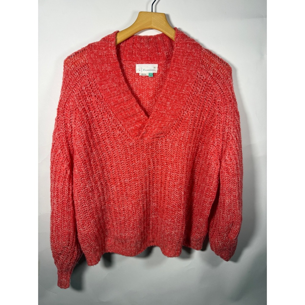 Anthropologie Textured Chunky Knit‎ V Neck Sweater Coral Orange Women's 1X